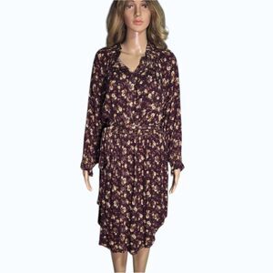 Basil Lola Burgundy Floral Midi Dress Long Sleeve Smocked Waist [M]